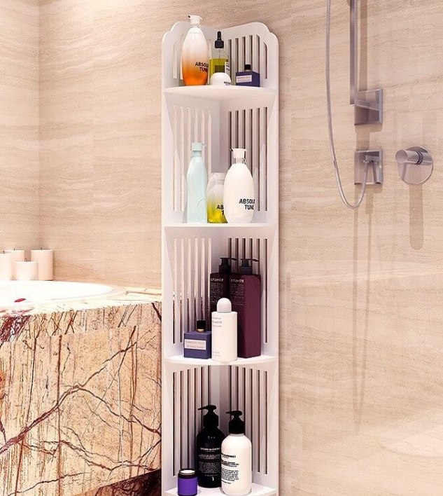 Organizador de Esquina para Suministros de Baño con Diseño Compacto y Moderno.